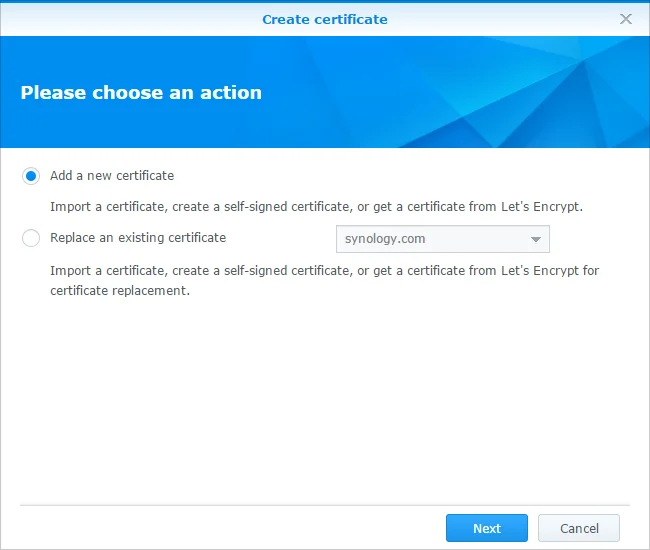Lägg till nytt certifikat-dialog