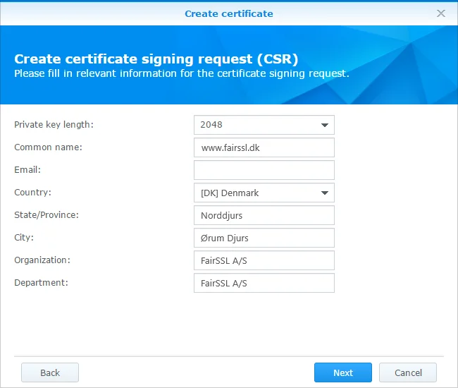 Udfyld firmaoplysninger i CSR