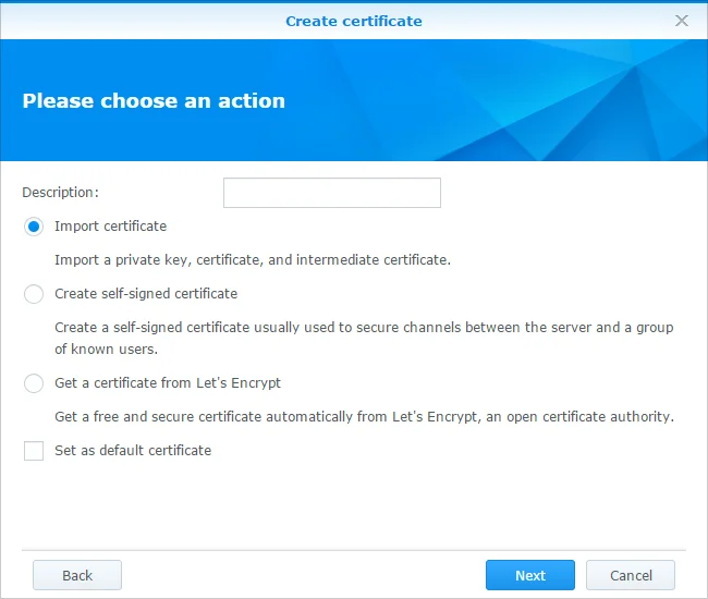 Importer certifikat dialog